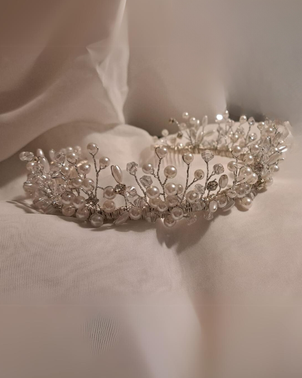 Bridal Crown - Silver with Pearls and Crystals - Pearl Goddess