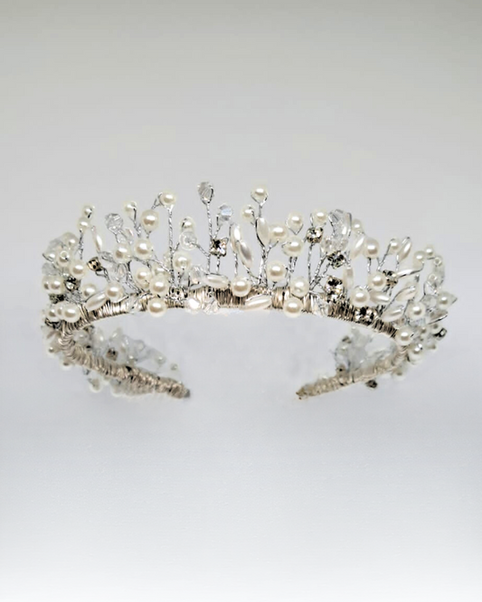 Bridal Crown - Silver with Pearls and Crystals - Pearl Goddess