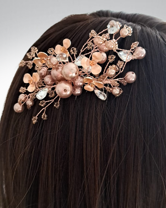 Bridal Comb with Crystals and Coral  Pearls